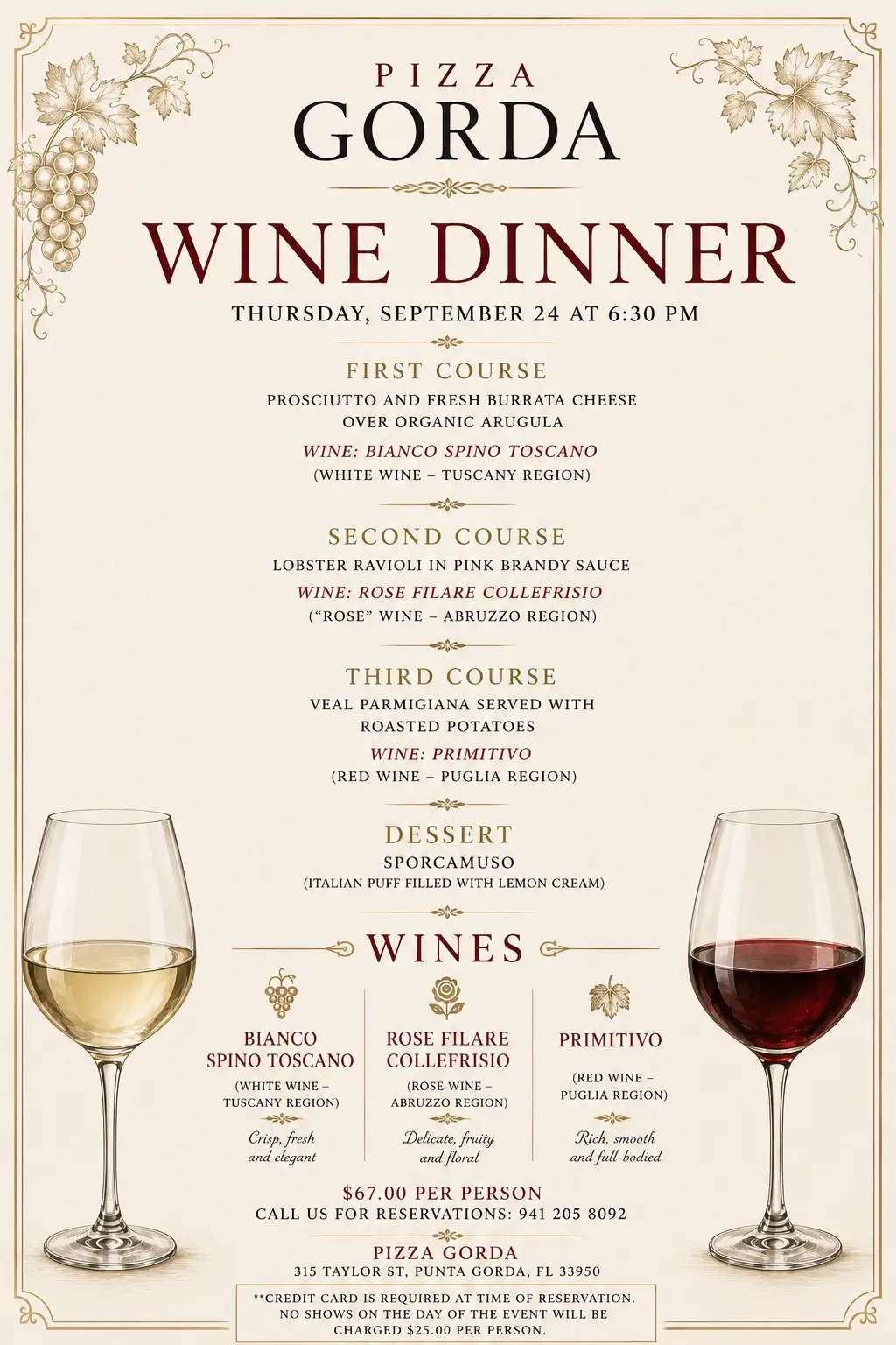 September Wine Dinner Event at Pizza Gorda