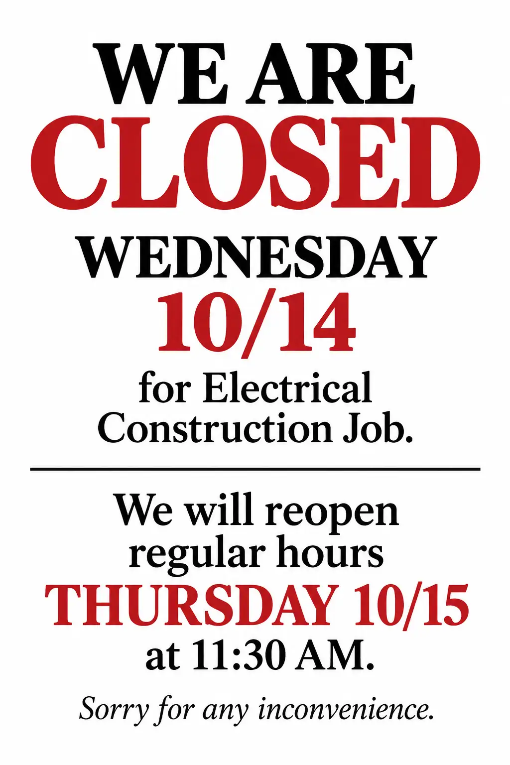 Closed Wednesday